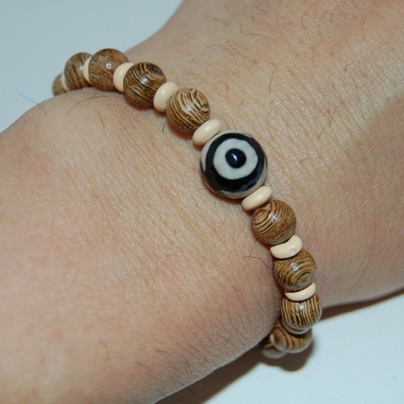 Wood Bracelet,Evil Eye Bracelet,Drawstring Style Bracelet,Good Luck Bracelet - Picture 1 of 1